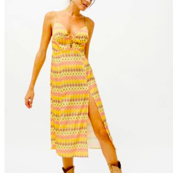 Yellow Printed Mariah Lace-Up Midi Slip Dress | Urban Outfitters | NWT - Picture 8 of 10